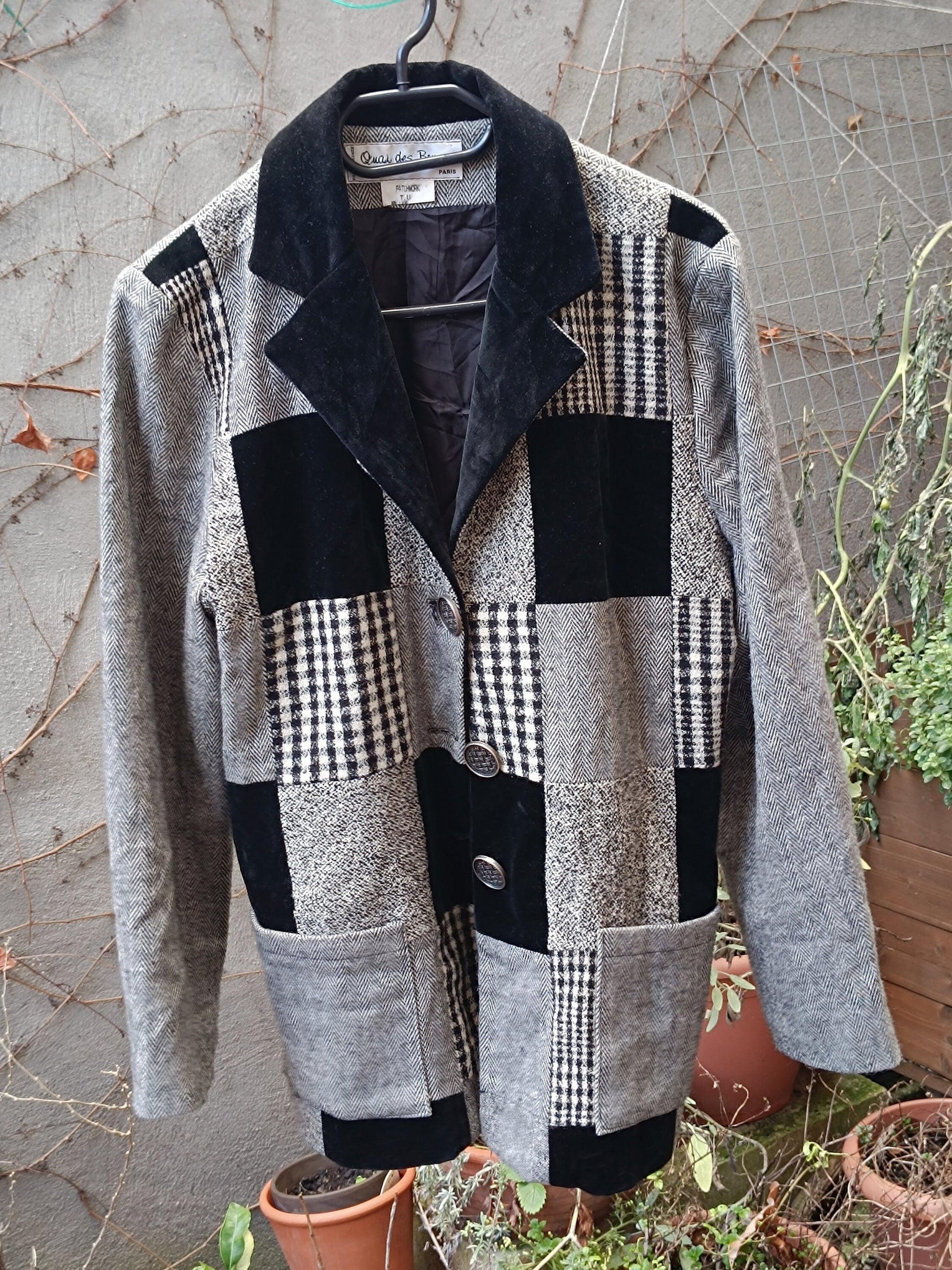 90s Black Patchwork Blazer | Vintage Women's Hippy lightweight Monochrome Jacket | Bohemian Rock n Roll Deaign